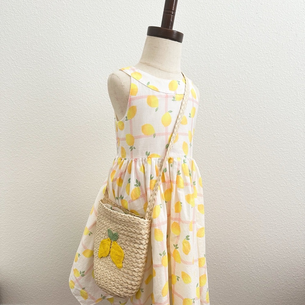 Lemon Print Dress with Straw Bag
